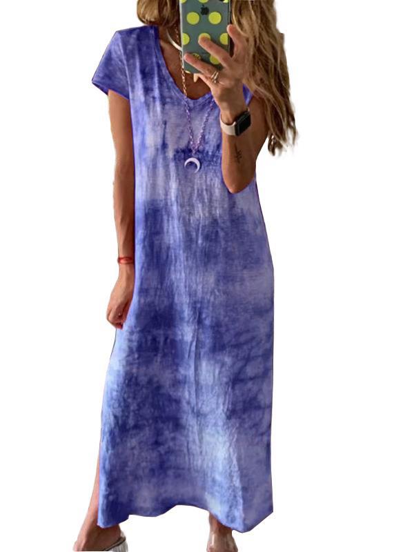 Damen Maxikleid mit kreativem Batikdesign und V-Ausschnitt