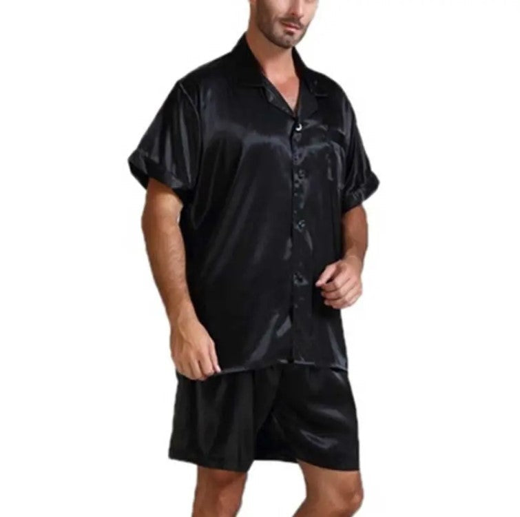 Damen Satin-Pyjama-Set mit kurzer Hose und elegantem Kragen Shopnory