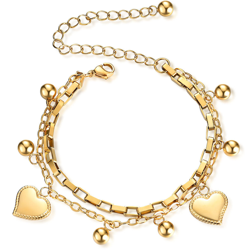 Damen Armband mit doppelter Kettenstruktur und herzförmigen Anhängern Shop Nory