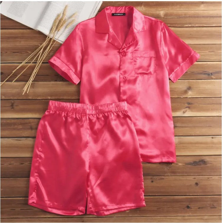 Damen Satin-Pyjama-Set mit kurzer Hose und elegantem Kragen Shopnory