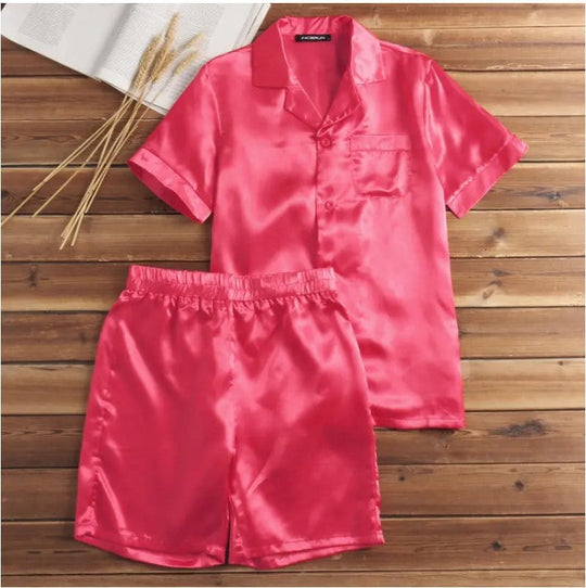 Damen Satin-Pyjama-Set mit kurzer Hose und elegantem Kragen Shopnory