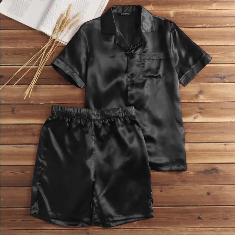 Damen Satin-Pyjama-Set mit kurzer Hose und elegantem Kragen Shopnory