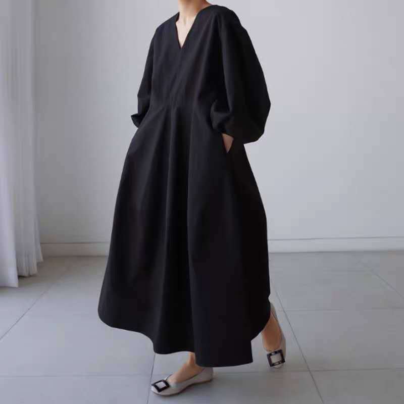 Damen Maxikleid mit V-Ausschnitt, Ballonärmeln und taillierter Teilungsnaht Shop Nory