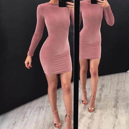 Damen Figurbetontes Rippvelourskleid mit Rundhals und langen Ärmeln Shop Nory