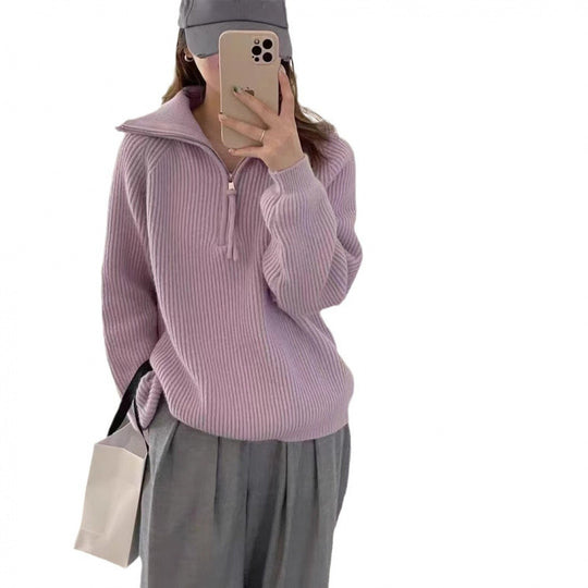 Damen-Strickpullover mit Reißverschluss, Rippstrick