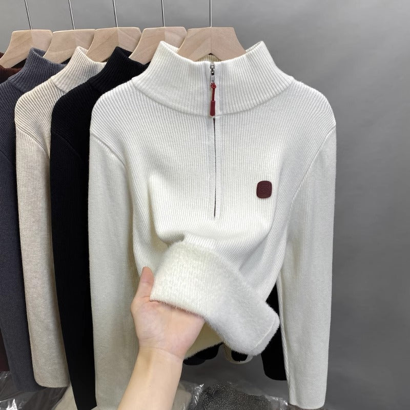 Damen-Strickpullover mit Stehkragen und Fleecefutter