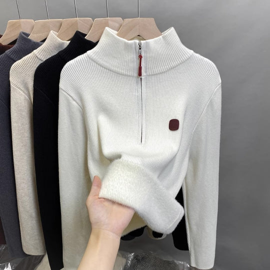 Damen-Strickpullover mit Stehkragen und Fleecefutter
