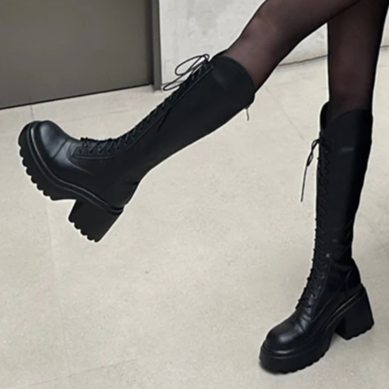 Hohe Stiefel Damenstiefel mit Schnürung und Robuster Ferse