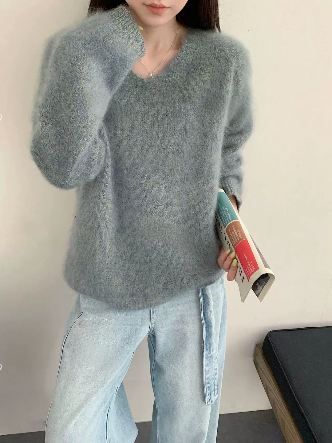 Damen V-Ausschnitt Pullover, Wolle-Kaschmir, gebürstet