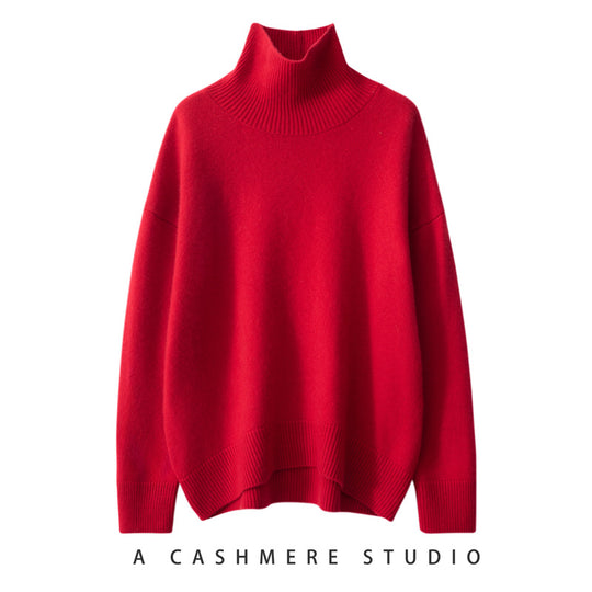 Damen-Kaschmirpullover, hoher Kragen, lockere Passform