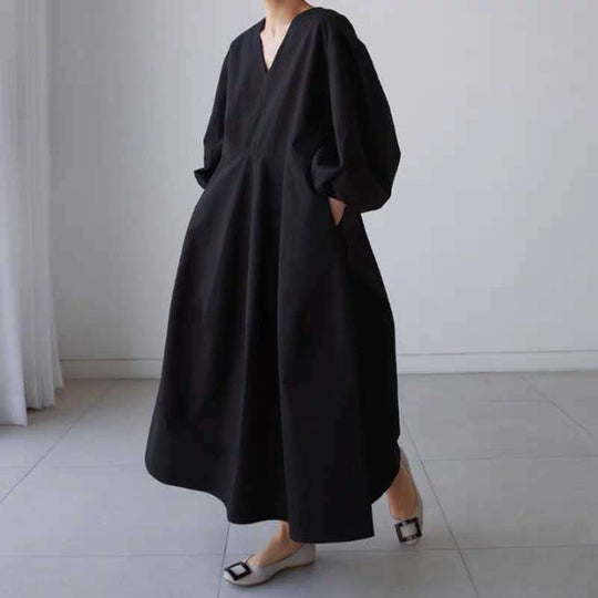 Damen Maxikleid mit V-Ausschnitt, Ballonärmeln und taillierter Teilungsnaht Shop Nory