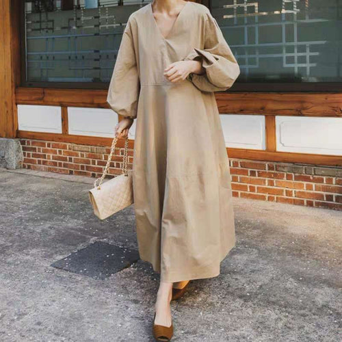Damen Maxikleid mit V-Ausschnitt, Ballonärmeln und taillierter Teilungsnaht Shop Nory