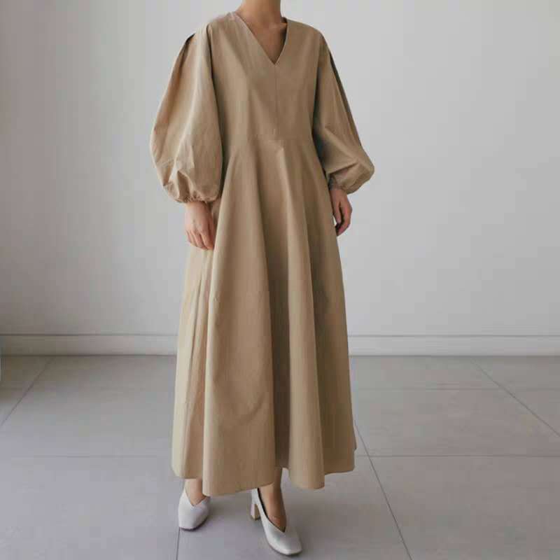 Damen Maxikleid mit V-Ausschnitt, Ballonärmeln und taillierter Teilungsnaht Shop Nory