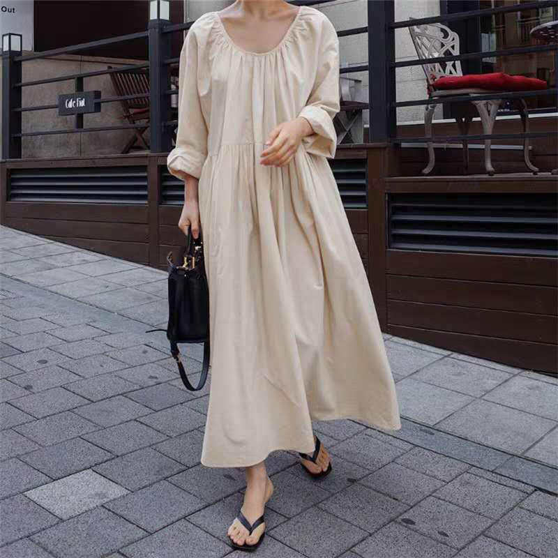 Damen Langes Baumwoll-Maxikleid mit gerafftem Halsausschnitt, Empire-Naht und Halbarm Shop Nory