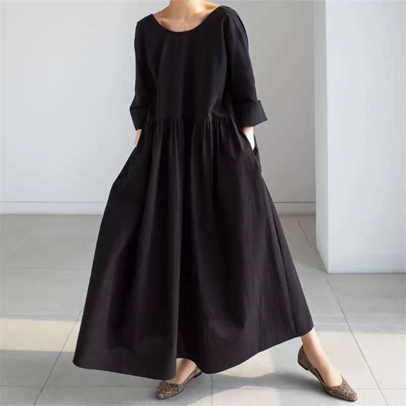 Damen Langes Baumwoll-Maxikleid mit gerafftem Halsausschnitt, Empire-Naht und Halbarm Shop Nory