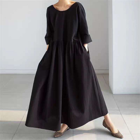 Damen Langes Baumwoll-Maxikleid mit gerafftem Halsausschnitt, Empire-Naht und Halbarm Shop Nory