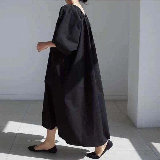 Damen Lockeres Smock-Maxikleid mit gerafftem Rundhalsausschnitt, Ballonärmeln und Eingrifftaschen Shop Nory