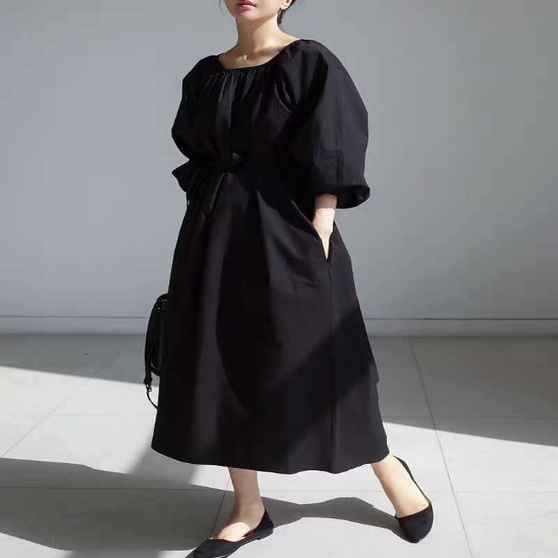 Damen Lockeres Smock-Maxikleid mit gerafftem Rundhalsausschnitt, Ballonärmeln und Eingrifftaschen Shop Nory