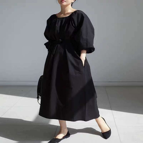 Damen Lockeres Smock-Maxikleid mit gerafftem Rundhalsausschnitt, Ballonärmeln und Eingrifftaschen Shop Nory