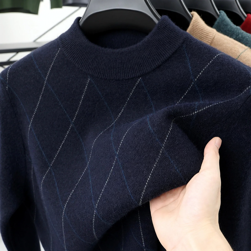 Herren-Wollpullover, kariert, Stehkragen, extra warm