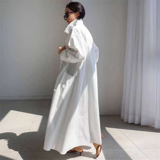 Damen Maxi-Hemdrobe mit Stehkragen, taillierter Schärpe und tiefen Seitentaschen Shop Nory