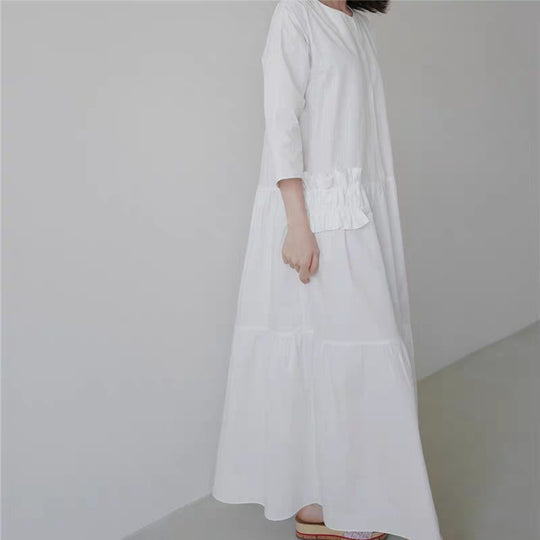 Damen Maxikleid im Stufenlook mit Volant-Taschen und dreiviertelärmeln Shop Nory