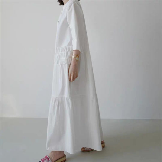 Damen Maxikleid im Stufenlook mit Volant-Taschen und dreiviertelärmeln Shop Nory