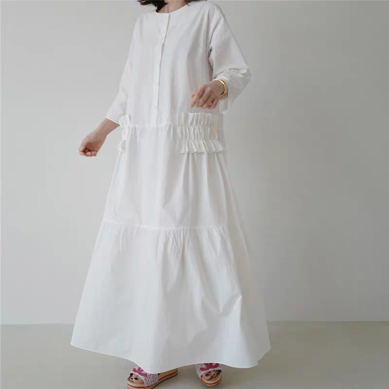 Damen Maxikleid im Stufenlook mit Volant-Taschen und dreiviertelärmeln Shop Nory