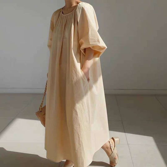Damen Lockeres Smock-Maxikleid mit gerafftem Rundhalsausschnitt, Ballonärmeln und Eingrifftaschen Shop Nory