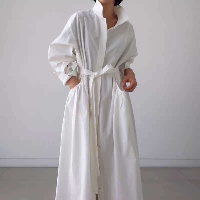Damen Maxi-Hemdrobe mit Stehkragen, taillierter Schärpe und tiefen Seitentaschen Shop Nory