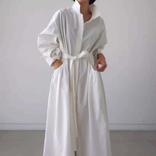 Damen Maxi-Hemdrobe mit Stehkragen, taillierter Schärpe und tiefen Seitentaschen Shop Nory
