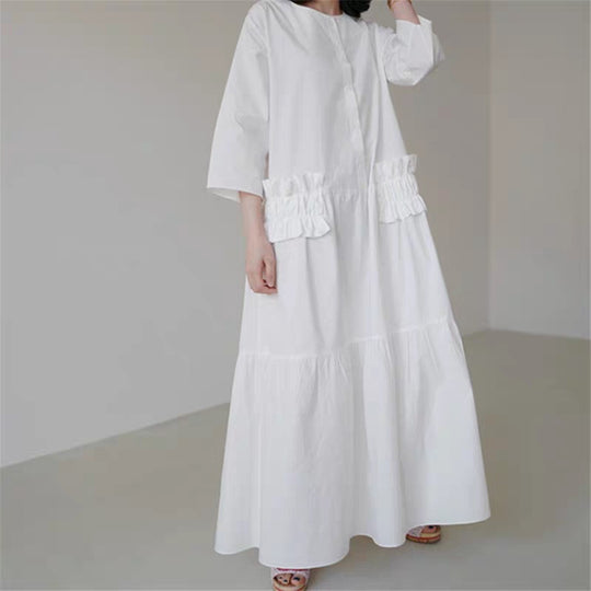 Damen Maxikleid im Stufenlook mit Volant-Taschen und dreiviertelärmeln Shop Nory