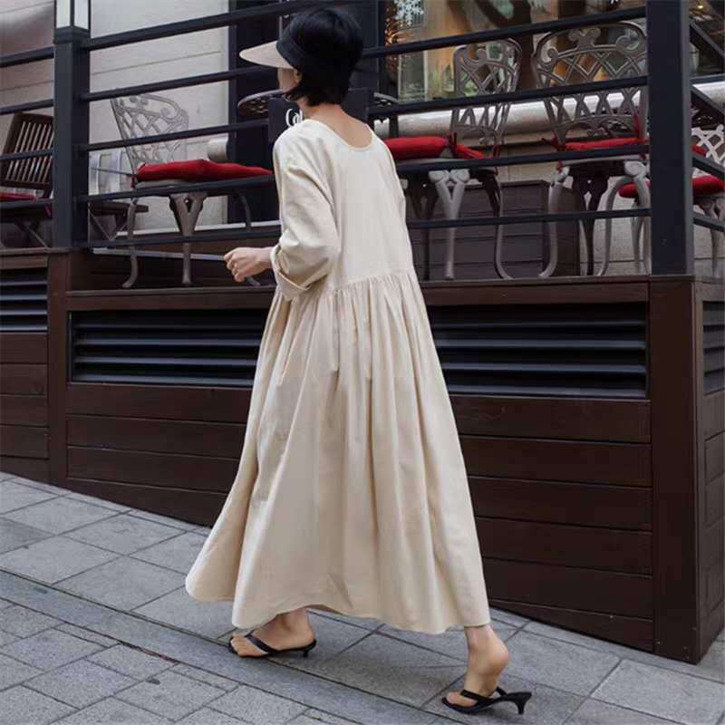 Damen Langes Baumwoll-Maxikleid mit gerafftem Halsausschnitt, Empire-Naht und Halbarm Shop Nory