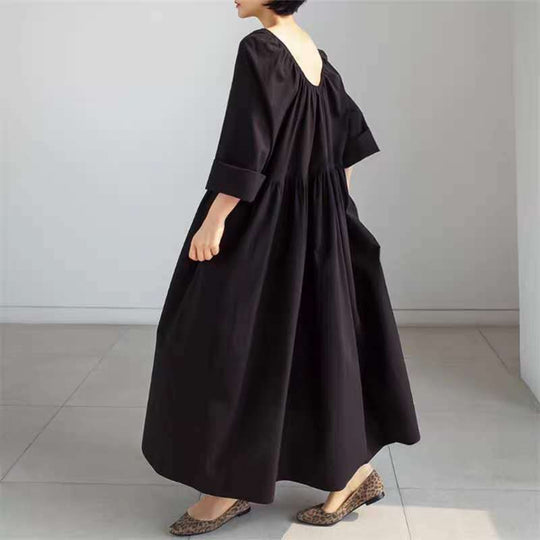 Damen Langes Baumwoll-Maxikleid mit gerafftem Halsausschnitt, Empire-Naht und Halbarm Shop Nory