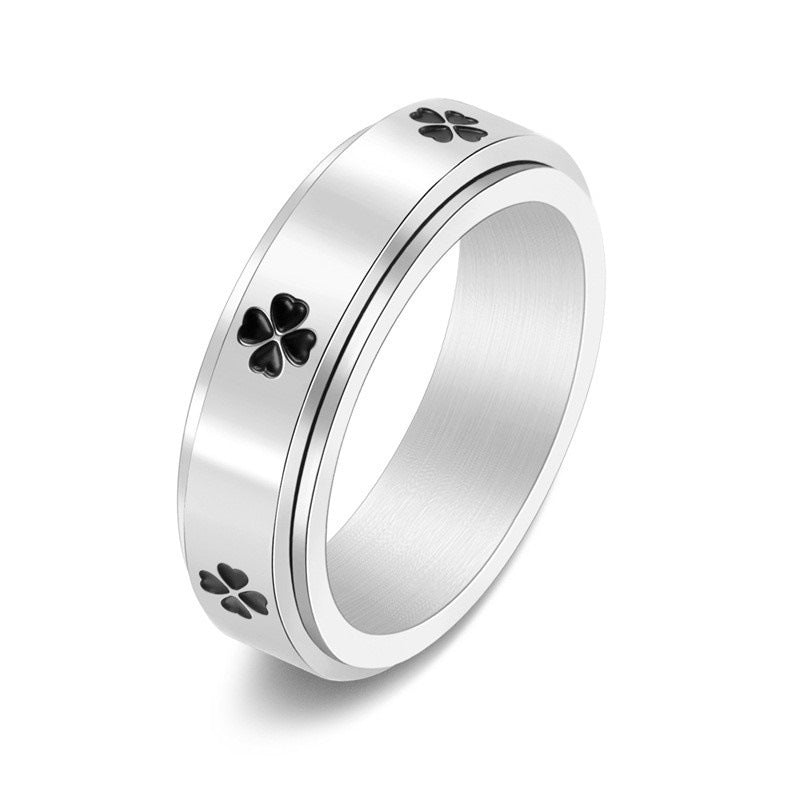 Glücklicher vierblättriger Kleeblatt drehbarer Edelstahl-Angst-Ring | Shop Nory