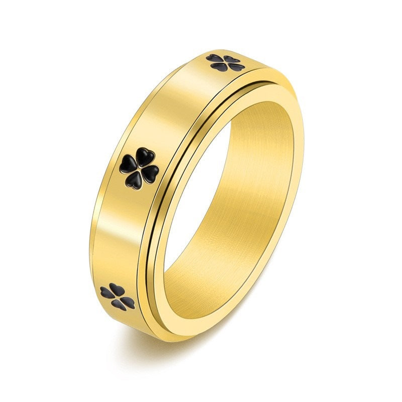 Glücklicher vierblättriger Kleeblatt drehbarer Edelstahl-Angst-Ring | Shop Nory