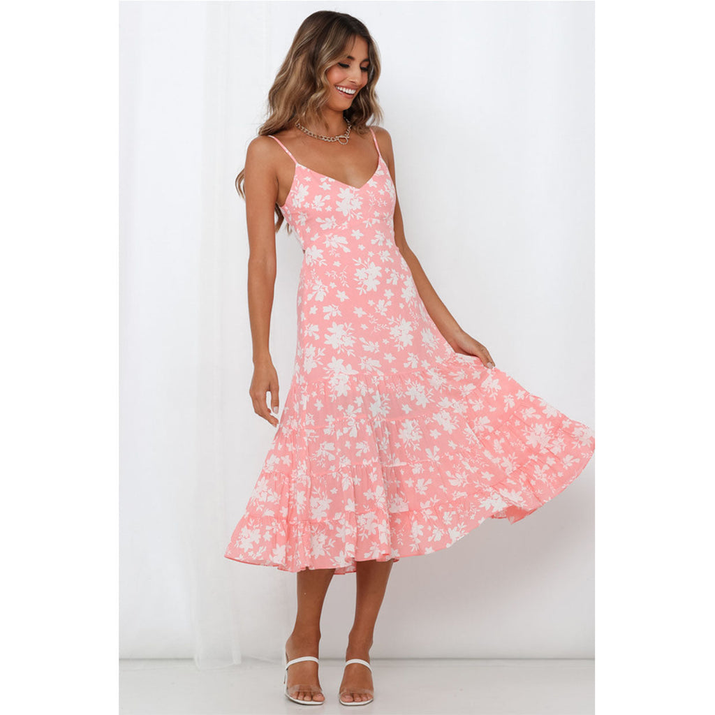 Damen Midi-Kleid mit floralen Rüschen und schwingendem Rock Shopnory