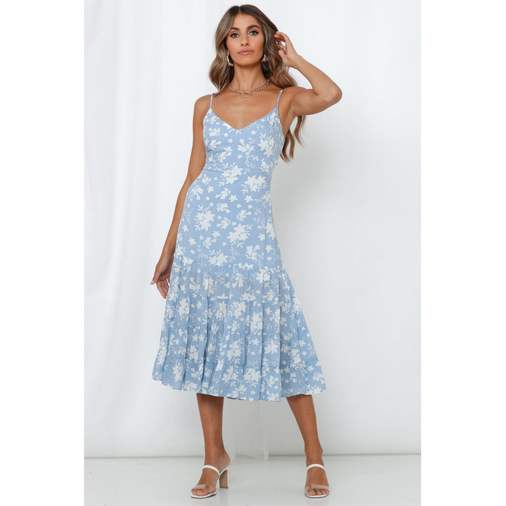 Damen Midi-Kleid mit floralen Rüschen und schwingendem Rock Shopnory