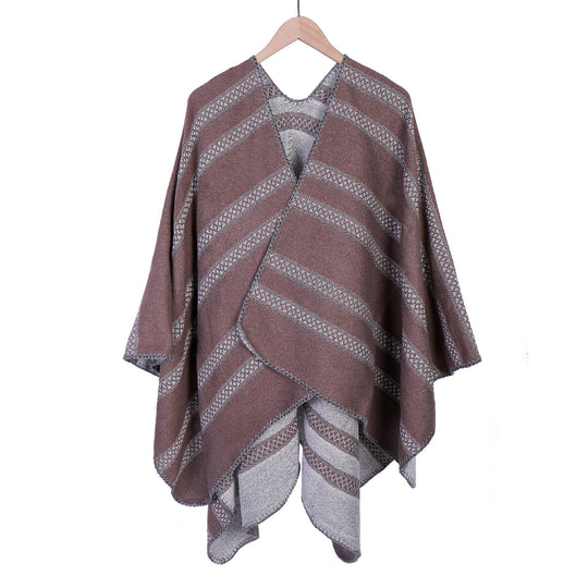 Damen Oversize-Ruana mit grafischen Längs‑Jacquardstreifen und offenem Kimono‑Fall Shop Nory