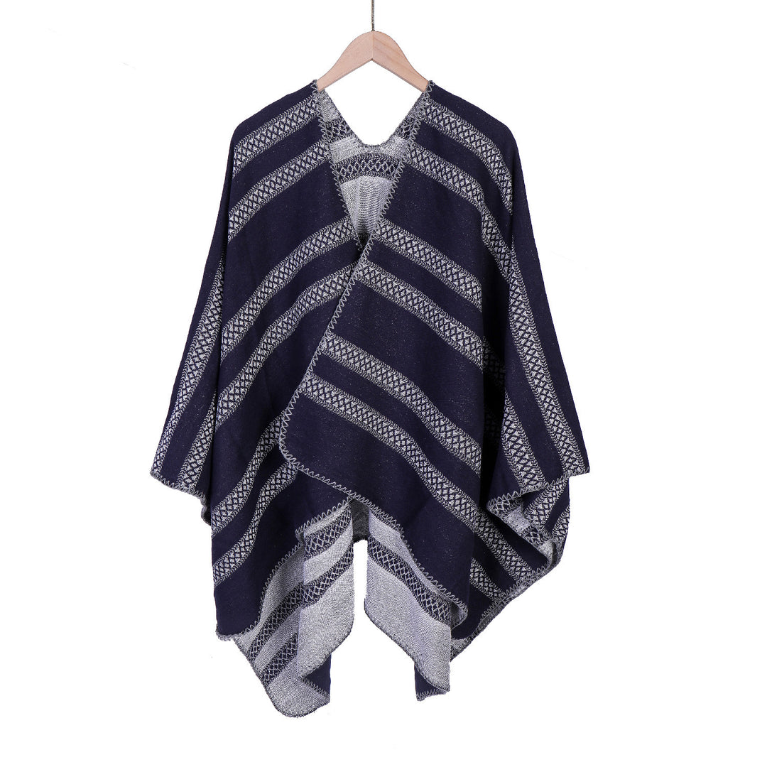 Damen Oversize-Ruana mit grafischen Längs‑Jacquardstreifen und offenem Kimono‑Fall Shop Nory
