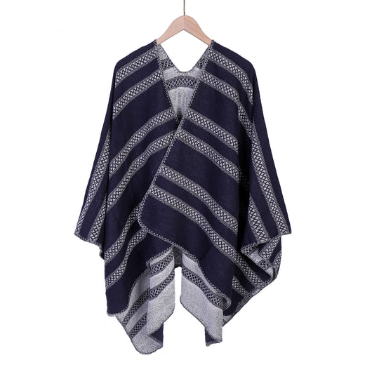 Damen Oversize-Ruana mit grafischen Längs‑Jacquardstreifen und offenem Kimono‑Fall Shop Nory