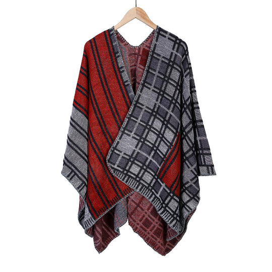 Damen Oversize-Ruana im Patch-Karo-Strick mit offenem Saum Shop Nory
