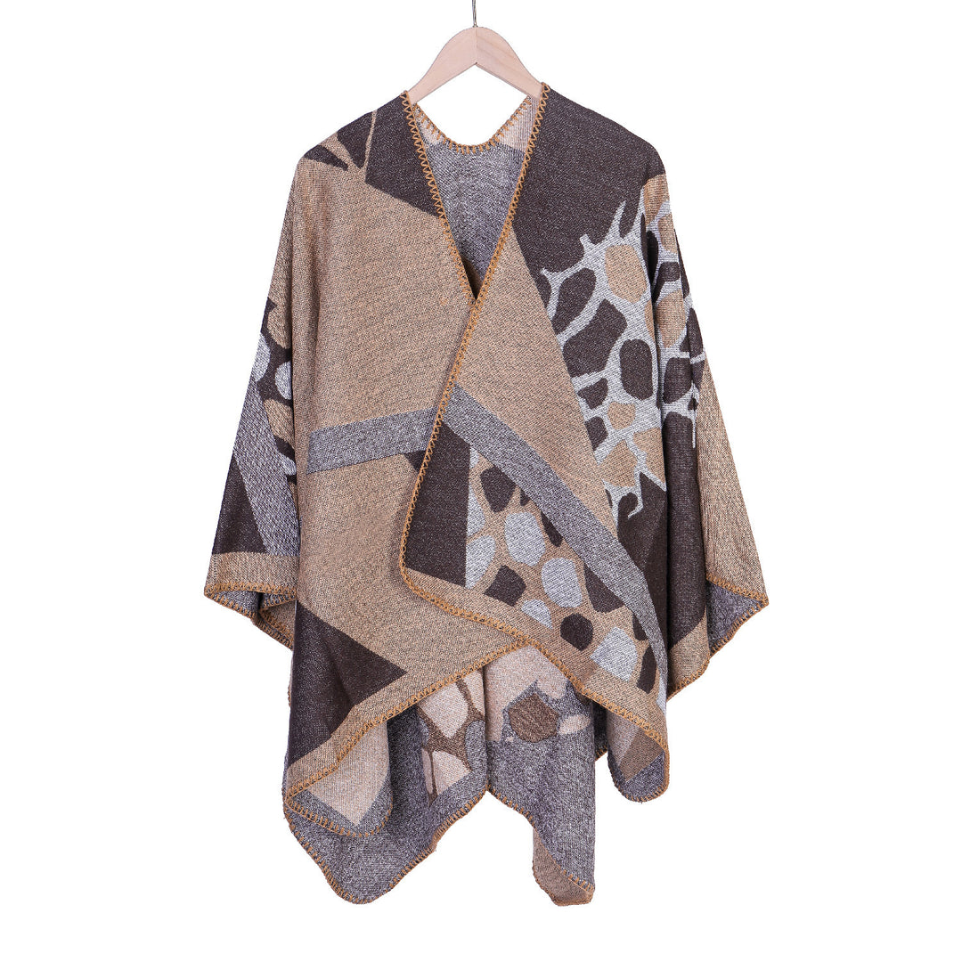 Damen Ruana-Überwurf mit geometrisch-animalischem Jacquard und Ziernaht Shop Nory
