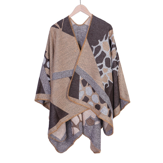Damen Ruana-Überwurf mit geometrisch-animalischem Jacquard und Ziernaht Shop Nory