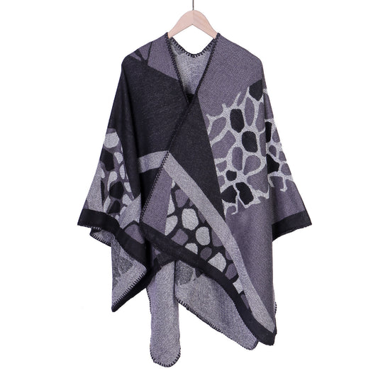 Damen Ruana-Überwurf mit geometrisch-animalischem Jacquard und Ziernaht Shop Nory