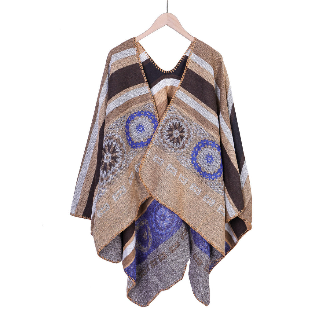 Damen Oversize-Ruana-Poncho mit V-Ausschnitt und ornamentaler Jacquard-Webung Shop Nory