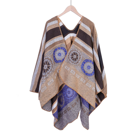 Damen Oversize-Ruana-Poncho mit V-Ausschnitt und ornamentaler Jacquard-Webung Shop Nory