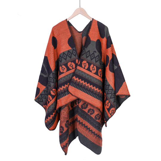 Damen Jacquard-Ruana‑Poncho mit Ethno‑Jacquard und offenem Oversize‑Fall Shop Nory