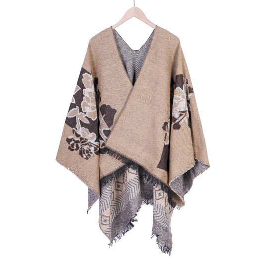 Damen Jacquard‑Ruana mit floralem Motiv, doppellagig und Fransensaum Shop Nory