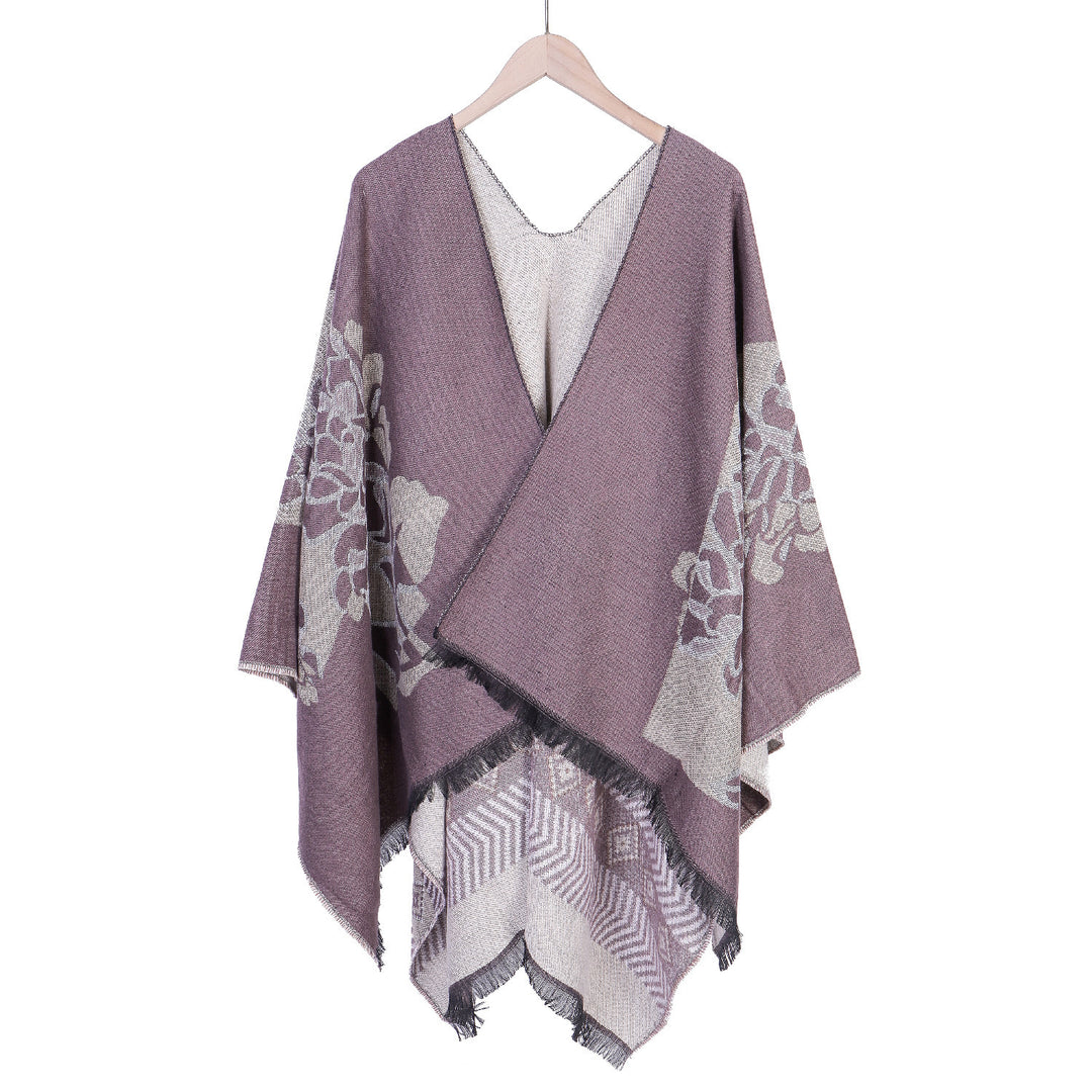 Damen Jacquard‑Ruana mit floralem Motiv, doppellagig und Fransensaum Shop Nory